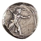 Εμπροσθότυπος 'SilCoinCy A7667, Loan at the Metropolitan Museum of Art, acc.no.: 1944.100.57961. Silver coin of king Ozibaal of Kition 450 - 425 BC. Weight: 11.061999999999999g, Axis: 3h, Diameter: -. Obverse type: Heracles advancing r. holding club. Obverse symbol: -. Obverse legend: - in -. Reverse type: lion devouring stag r. within incuse square. Reverse symbol: -. Reverse legend: [l]'zb'l in Phoenician.