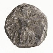 Obverse 'SilCoinCy A7071, E.T. Newell coll., acc.no.: 1944.100.57967. Silver coin of king Uncertain king of Kition of Kition 525 - 480 BC. Weight: 3.25g, Axis: 2h, Diameter: 13mm. Obverse type: Heracles advancing r. holding club and bow. Obverse symbol: -. Obverse legend: - in -. Reverse type: lion devouring stag. r.. Reverse symbol: -. Reverse legend: - in -.