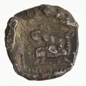 Reverse 'SilCoinCy A7068, E.T. Newell coll., acc.no.: 1944.100.57968. Silver coin of king Uncertain king of Kition of Kition 525 - 480 BC. Weight: 1.669g, Axis: 8h, Diameter: 12mm. Obverse type: Heracles advancing r. holding club and bow. Obverse symbol: -. Obverse legend: - in -. Reverse type: lion devouring stag r. within incuse square. Reverse symbol: no visible legend on the rev. to help attribution. Reverse legend: - in -.