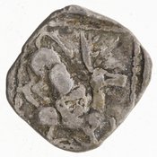 Οπισθότυπος 'SilCoinCy A7078, E.T. Newell Collection, acc.no.: 1944.100.57971. Silver coin of king Uncertain king of Kition of Kition 525 - 480 BC. Weight: .88g, Axis: 12h, Diameter: 9mm. Obverse type: Heracles hd. r.. Obverse symbol: -. Obverse legend: - in -. Reverse type: lion devouring stag r. within incuse square. Reverse symbol: -. Reverse legend: - in -.
