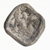 Οπισθότυπος 'SilCoinCy A7085, E.T. Newell coll., acc.no.: 1944.100.57974. Silver coin of king Uncertain king of Kition of Kition 525 - 480 BC. Weight: .85699999999999998g, Axis: 10h, Diameter: 9mm. Obverse type: Heracles hd. r.. Obverse symbol: -. Obverse legend: - in -. Reverse type: lion devouring stag r. within incuse square. Reverse symbol: -. Reverse legend: - in -.