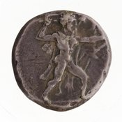 Obverse 'SilCoinCy A7064, E.T. Newell coll., acc.no.: 1944.100.57985. Silver coin of king Uncertain king of Kition of Kition 525 - 480 BC. Weight: 10.47g, Axis: 1h, Diameter: 21mm. Obverse type: Heracles advancing r. holding club and bow. Obverse symbol: -. Obverse legend: - in -. Reverse type: lion advancing r.. Reverse symbol: -. Reverse legend: - in -.