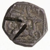 Οπισθότυπος 'SilCoinCy A7065, acc.no.: 1944.100.57986. Silver coin of king Milkyaton of Kition 392 - 362 BC. Weight: 3.5g, Axis: 5h, Diameter: 14mm. Obverse type: Heracles advancing r. holding club and bow. Obverse symbol: -. Obverse legend: - in -. Reverse type: lion devouring stag r.. Reverse symbol: two test cuts on reverse. Reverse legend: [l]mlkml in Phoenician.