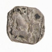 Οπισθότυπος 'SilCoinCy A7077, E.T. Newell coll., acc.no.: 1944.100.57987. Silver coin of king Uncertain king of Kition of Kition 525 - 480 BC. Weight: .85g, Axis: 9h, Diameter: 9mm. Obverse type: Heracles hd. r.. Obverse symbol: -. Obverse legend: - in -. Reverse type: lion devouring stag r.. Reverse symbol: -. Reverse legend: - in Phoenician.