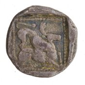 Οπισθότυπος 'SilCoinCy A7084, E.T. Newell coll., acc.no.: 1944.100.57988. Silver coin of king Uncertain king of Kition of Kition 525 - 480 BC. Weight: .9g, Axis: 7h, Diameter: 9mm. Obverse type: Heracles hd. r.. Obverse symbol: -. Obverse legend: - in -. Reverse type: lion devouring stag r.. Reverse symbol: -. Reverse legend: - in -.