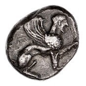 Obverse 'SilCoinCy A7125, E.T. Newell Coll, acc.no.: 1944.100.57996. Silver coin of king Uncertain king of Idalion of Idalion 500 - 480 BC. Weight: 10.94g, Axis: -, Diameter: 19mm. Obverse type: sphinx std. r.. Obverse symbol: -. Obverse legend: - in -. Reverse type: irregular incuse square. Reverse symbol: -. Reverse legend: - in -. 'BMC Cyprus, A Catalogue of the Greek Coins in the British Museum, Cyprus'.