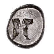 Reverse 'SilCoinCy A7125, E.T. Newell Coll, acc.no.: 1944.100.57996. Silver coin of king Uncertain king of Idalion of Idalion 500 - 480 BC. Weight: 10.94g, Axis: -, Diameter: 19mm. Obverse type: sphinx std. r.. Obverse symbol: -. Obverse legend: - in -. Reverse type: irregular incuse square. Reverse symbol: -. Reverse legend: - in -. 'BMC Cyprus, A Catalogue of the Greek Coins in the British Museum, Cyprus'.