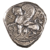Obverse 'SilCoinCy A7665, BM Dupl. Sale, Naville V, June 18, 1923, 2758, acc.no.: 1944.100.57999. Silver coin of king Gras or Gra(-) of Idalion 470+ BC - . Weight: 10.93g, Axis: 3h, Diameter: -. Obverse type: sphinx std. l.. Obverse symbol: -. Obverse legend: pa-ka-ra in Cypriot syllabic. Reverse type: lotus blossom within irregular incuse. Reverse symbol: -. Reverse legend: - in -. 'BMC Cyprus, A Catalogue of the Greek Coins in the British Museum, Cyprus'.