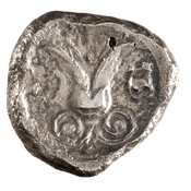 Reverse 'SilCoinCy A7665, BM Dupl. Sale, Naville V, June 18, 1923, 2758, acc.no.: 1944.100.57999. Silver coin of king Gras or Gra(-) of Idalion 470+ BC - . Weight: 10.93g, Axis: 3h, Diameter: -. Obverse type: sphinx std. l.. Obverse symbol: -. Obverse legend: pa-ka-ra in Cypriot syllabic. Reverse type: lotus blossom within irregular incuse. Reverse symbol: -. Reverse legend: - in -. 'BMC Cyprus, A Catalogue of the Greek Coins in the British Museum, Cyprus'.