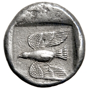 Οπισθότυπος 'SilCoinCy A7682, H. Weber 7709, H. Chapman, acc.no.: 1944.100.58020. Silver coin of king Aristo (-) of Paphos 400 - 370 BC. Weight: 11.064g, Axis: 9h, Diameter: -. Obverse type: bull stg. l.. Obverse symbol: -. Obverse legend: a-ri in Cypriot syllabic. Reverse type: eagle in flight l. within incuse square. Reverse symbol: -. Reverse legend: - in -.