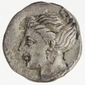 Obverse 'SilCoinCy A7430, E.T. Newell coll., acc.no.: 1944.100.58092. Silver coin of king Pnytagoras of Salamis 351 - 332 BC. Weight: 6.99g, Axis: 12h, Diameter: -. Obverse type: Aphrodite bust l.. Obverse symbol: -. Obverse legend: (ΠΝ) in Greek. Reverse type: Artemis bust l.. Reverse symbol: -. Reverse legend: (ΒΑ) in Greek.