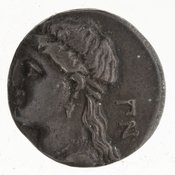 Obverse 'SilCoinCy A7435, E.T. Newell coll., acc.no.: 1944.100.58094. Silver coin of king Pnytagoras of Salamis 351 - 332 BC. Weight: 2.2599999999999998g, Axis: 12h, Diameter: 12mm. Obverse type: Aphrodite bust l.. Obverse symbol: -. Obverse legend: Π N in Greek. Reverse type: Artemis hd. r.. Reverse symbol: -. Reverse legend: BA in Greek.