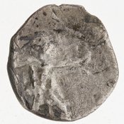 Obverse 'SilCoinCy A7067, Gift of Christian G. Gunther. March 1949, acc.no.: 1951.116.104. Silver coin of king Baalorm of Kition 400 - 392 BC. Weight: 3.16g, Axis: 6h, Diameter: 14mm. Obverse type: Heracles advancing r. holding club and bow. Obverse symbol: -. Obverse legend: - in -. Reverse type: lion devouring stag r. within incuse square. Reverse symbol: -. Reverse legend: [?]bl[?] in Phoenician.
