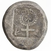 Reverse 'SilCoinCy A7684, Gunther, C. Godfrey, acc.no.: 1951.116.158. Silver coin of king Evelthon of Salamis 525 - 500 BC. Weight: 10.765000000000001g, Axis: 3h, Diameter: -. Obverse type: ram lying l.. Obverse symbol: -. Obverse legend: - in Cypriot syllabic. Reverse type: ankh within incuse square. Reverse symbol: -. Reverse legend: ku in Cypriot syllabic.