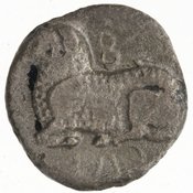 Obverse 'SilCoinCy A7331, Gunther, C. Godfrey, acc.no.: 1951.116.214. Silver coin of king Nikodamos of Salamis 450 BC - . Weight: 1.53g, Axis: 11h, Diameter: 12mm. Obverse type: ram lying l.. Obverse symbol: si-le / ni-ko-ta. Obverse legend: si-le / ni-ko-ta in Cypriot syllabic. Reverse type: ankh within incuse square. Reverse symbol: pa/si-la-ni-ta. Reverse legend: pa / si-la-ni-ta in Cypriot syllabic.