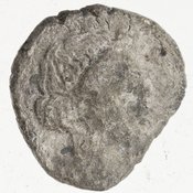Obverse 'SilCoinCy A7437, Gunther, C. Godfrey, acc.no.: 1951.116.318. Silver coin of king Pnytagoras of Salamis 351 - 332 BC. Weight: 1.89g, Axis: 12h, Diameter: 12mm. Obverse type: Aphrodite hd. l.. Obverse symbol: -. Obverse legend: (Π Ν) in Greek. Reverse type: Artemis hd. r.. Reverse symbol: -. Reverse legend: (Β Α) in Greek.