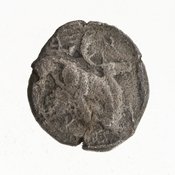 Reverse 'SilCoinCy A7048, Gift of Christian G. Gunther. March 1949, acc.no.: 1951.116.78. Silver coin of king Ozibaal of Kition 450 - 425 BC. Weight: 3.23g, Axis: 4h, Diameter: 14mm. Obverse type: Heracles advancing r. holding club and bow. Obverse symbol: -. Obverse legend: - in -. Reverse type: lion devouring stag r. within incuse square. Reverse symbol: -. Reverse legend: [l'zb]'l in Phoenician.