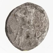Obverse 'SilCoinCy A7050, Gift of Christian G. Gunther. March 1949, acc.no.: 1951.116.80. Silver coin of king Baalmilk II of Kition 425 - 400 BC. Weight: 10.47g, Axis: 4h, Diameter: 21mm. Obverse type: Heracles advancing r. holding club and bow. Obverse symbol: -. Obverse legend: - in -. Reverse type: lion devouring stag r. within incuse square. Reverse symbol: -. Reverse legend: lb'lmlk in Cypriot syllabic.