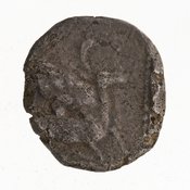 Reverse 'SilCoinCy A7053, Gift of Christian G. Gunther. March 1949, acc.no.: 1951.116.86. Silver coin of king Baalmilk II of Kition 425 - 400 BC. Weight: 3.2919999999999998g, Axis: 2h, Diameter: 13mm. Obverse type: Heracles advancing r. holding club and bow. Obverse symbol: Discuss with Andi about weird patchwork part on the obverse. Obverse legend: - in -. Reverse type: lion devouring stag r. within incuse square. Reverse symbol: -. Reverse legend: lb'l[mlk] in Phoenician.
