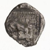 Reverse 'SilCoinCy A7057, Gift of Christian G. Gunther. March 1949, acc.no.: 1951.116.89. Silver coin of king Baalmilk II of Kition 425 - 400 BC. Weight: 1.67g, Axis: 1h, Diameter: 11mm. Obverse type: Heracles advancing r. holding club and bow. Obverse symbol: -. Obverse legend: - in -. Reverse type: lion devouring stag r. within incuse square. Reverse symbol: nice and clean R. legend on a small denomination. Reverse legend: lb'lml[k] in Phoenician.