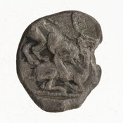 Οπισθότυπος 'SilCoinCy A7074, Gift of Christian G. Gunther. March 1949, acc.no.: 1951.116.90. Silver coin of king Uncertain king of Kition of Kition 525 - 480 BC. Weight: 1.65g, Axis: 3h, Diameter: 13mm. Obverse type: Heracles advancing r. holding club and bow. Obverse symbol: -. Obverse legend: - in -. Reverse type: lion devouring stag r. within incuse square. Reverse symbol: -. Reverse legend: - in -.