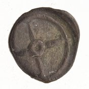 Reverse 'SilCoinCy A7698, Gunther, C. Godfrey, acc.no.: 1953.30.25. Silver coin of king Evagoras I of Salamis 411 - 374 BC. Weight: .36899999999999999g, Axis: -, Diameter: 7mm. Obverse type: male hd. r.. Obverse symbol: -. Obverse legend: - in -. Reverse type: four spoked wheel. Reverse symbol: -. Reverse legend: - in -.