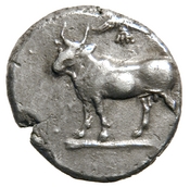 Obverse 'SilCoinCy A7681, acc.no.: 1956.92.1. Silver coin of king Stasandros of Paphos 460 - ?. Weight: 6.6319999999999997g, Axis: 5h, Diameter: -. Obverse type: bull stg. l., winged solar disk (?) above. Obverse symbol: -. Obverse legend: - in -. Reverse type: eagle stg. l.. Reverse symbol: -. Reverse legend: - in -.