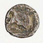 Reverse 'SilCoinCy A7052, Gift of Mr. & Mrs. F. Dorsey Stephens, March 1965, acc.no.: 1965.168.35. Silver coin of king Baalmilk II of Kition 425 - 400 BC. Weight: 3.63g, Axis: 1h, Diameter: 14mm. Obverse type: Heracles advancing r. holding club and bow. Obverse symbol: -. Obverse legend: - in -. Reverse type: lion devouring stag r. within incuse square. Reverse symbol: -. Reverse legend: [lb]'l[mlk] in Phoenician.