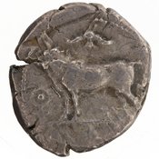 Obverse 'SilCoinCy A7184, E.T. Newell, acc.no.: 1967.152.547. Silver coin of king Stasandros of Paphos 460 - ?. Weight: 9.5359999999999996g, Axis: 4h, Diameter: 23mm. Obverse type: bull stg. l.; above winged solar disk ; to l. ankh ; ex. Palmette. Obverse symbol: -. Obverse legend: - in -. Reverse type: eagle stg. l. within incuse square ; oenochoe on the field l.. Reverse symbol: pa-si/ sa-ta-sa. Reverse legend: pa-si / sa-ta-sa in Cypriot syllabic.