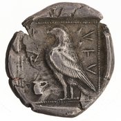Reverse 'SilCoinCy A7184, E.T. Newell, acc.no.: 1967.152.547. Silver coin of king Stasandros of Paphos 460 - ?. Weight: 9.5359999999999996g, Axis: 4h, Diameter: 23mm. Obverse type: bull stg. l.; above winged solar disk ; to l. ankh ; ex. Palmette. Obverse symbol: -. Obverse legend: - in -. Reverse type: eagle stg. l. within incuse square ; oenochoe on the field l.. Reverse symbol: pa-si/ sa-ta-sa. Reverse legend: pa-si / sa-ta-sa in Cypriot syllabic.