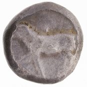 Obverse 'SilCoinCy A7001, acc.no.: 1977.158.5. Silver coin of king Uncertain king of Cyprus (archaic period) of Uncertain Cypriot mint ?  - . Weight: 10.935g, Axis: 2h, Diameter: 18mm. Obverse type: lion advancing l.. Obverse symbol: no symbol. Obverse legend: - in -. Reverse type: club and vine within incuse square. Reverse symbol: no symbol. Reverse legend: - in -.
