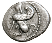 Obverse 'SilCoinCy A7664, Loan at the Metropolitan Museum of Art, acc.no.: 1977.158.587. Silver coin of king Stasikypros of Idalion 460 - 450/445 BC. Weight: 3.55g, Axis: 9h, Diameter: -. Obverse type: sphinx std. l.. Obverse symbol: -. Obverse legend: - in -. Reverse type: lotus blossom within incuse circle. Reverse symbol: -. Reverse legend: - in -. 'BMC Cyprus, A Catalogue of the Greek Coins in the British Museum, Cyprus'.