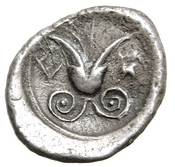 Reverse 'SilCoinCy A7664, Loan at the Metropolitan Museum of Art, acc.no.: 1977.158.587. Silver coin of king Stasikypros of Idalion 460 - 450/445 BC. Weight: 3.55g, Axis: 9h, Diameter: -. Obverse type: sphinx std. l.. Obverse symbol: -. Obverse legend: - in -. Reverse type: lotus blossom within incuse circle. Reverse symbol: -. Reverse legend: - in -. 'BMC Cyprus, A Catalogue of the Greek Coins in the British Museum, Cyprus'.