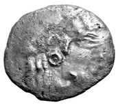 Obverse 'SilCoinCy A7673, Loan at the Metropolitan Museum of Art, acc.no.: 1977.158.588. Silver coin of king Uncertain king of Lapethos of Lapethos 500 - 470 BC. Weight: 11.05g, Axis: 2h, Diameter: -. Obverse type: Aphrodite hd. l.. Obverse symbol: -. Obverse legend: - in -. Reverse type: Athena hd. l. within incuse square. Reverse symbol: -. Reverse legend: - in -.