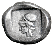 Reverse 'SilCoinCy A7673, Loan at the Metropolitan Museum of Art, acc.no.: 1977.158.588. Silver coin of king Uncertain king of Lapethos of Lapethos 500 - 470 BC. Weight: 11.05g, Axis: 2h, Diameter: -. Obverse type: Aphrodite hd. l.. Obverse symbol: -. Obverse legend: - in -. Reverse type: Athena hd. l. within incuse square. Reverse symbol: -. Reverse legend: - in -.