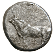 Obverse 'SilCoinCy A7680, acc.no.: 1977.158.591. Silver coin of king Pny (-) of Paphos 500 - 480 BC. Weight: 10.705g, Axis: 5h, Diameter: -. Obverse type: bull stg. l.. Obverse symbol: -. Obverse legend: - in -. Reverse type: eagle's hd. l. within incuse square. Reverse symbol: -. Reverse legend: - in -.