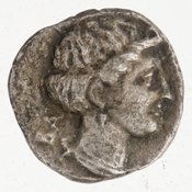 Obverse 'SilCoinCy A7433, Robert F. Kelley bequest, april 1977, acc.no.: 1977.158.599. Silver coin of king Pnytagoras of Salamis 351 - 332 BC. Weight: 1.97g, Axis: 12h, Diameter: 12mm. Obverse type: Aphrodite hd. r.. Obverse symbol: -. Obverse legend: Π N in Greek. Reverse type: Artemis hd. r.. Reverse symbol: -. Reverse legend: BA in Greek.