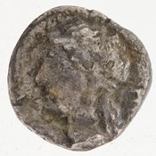 Reverse 'SilCoinCy A7433, Robert F. Kelley bequest, april 1977, acc.no.: 1977.158.599. Silver coin of king Pnytagoras of Salamis 351 - 332 BC. Weight: 1.97g, Axis: 12h, Diameter: 12mm. Obverse type: Aphrodite hd. r.. Obverse symbol: -. Obverse legend: Π N in Greek. Reverse type: Artemis hd. r.. Reverse symbol: -. Reverse legend: BA in Greek.