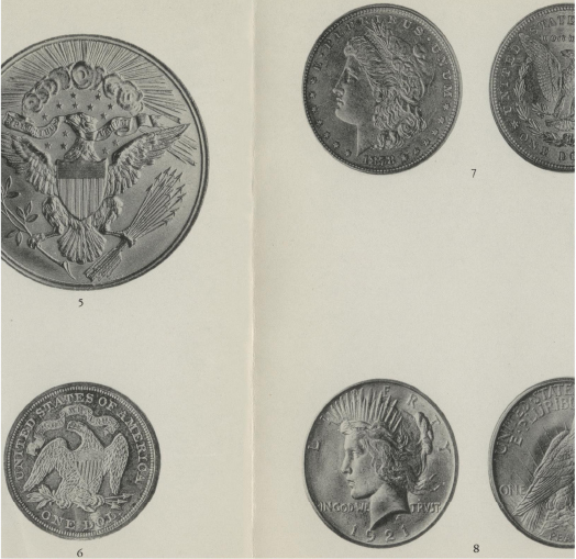 Silver Dollar And Numismatic Coins With Magnifying Glass Stock