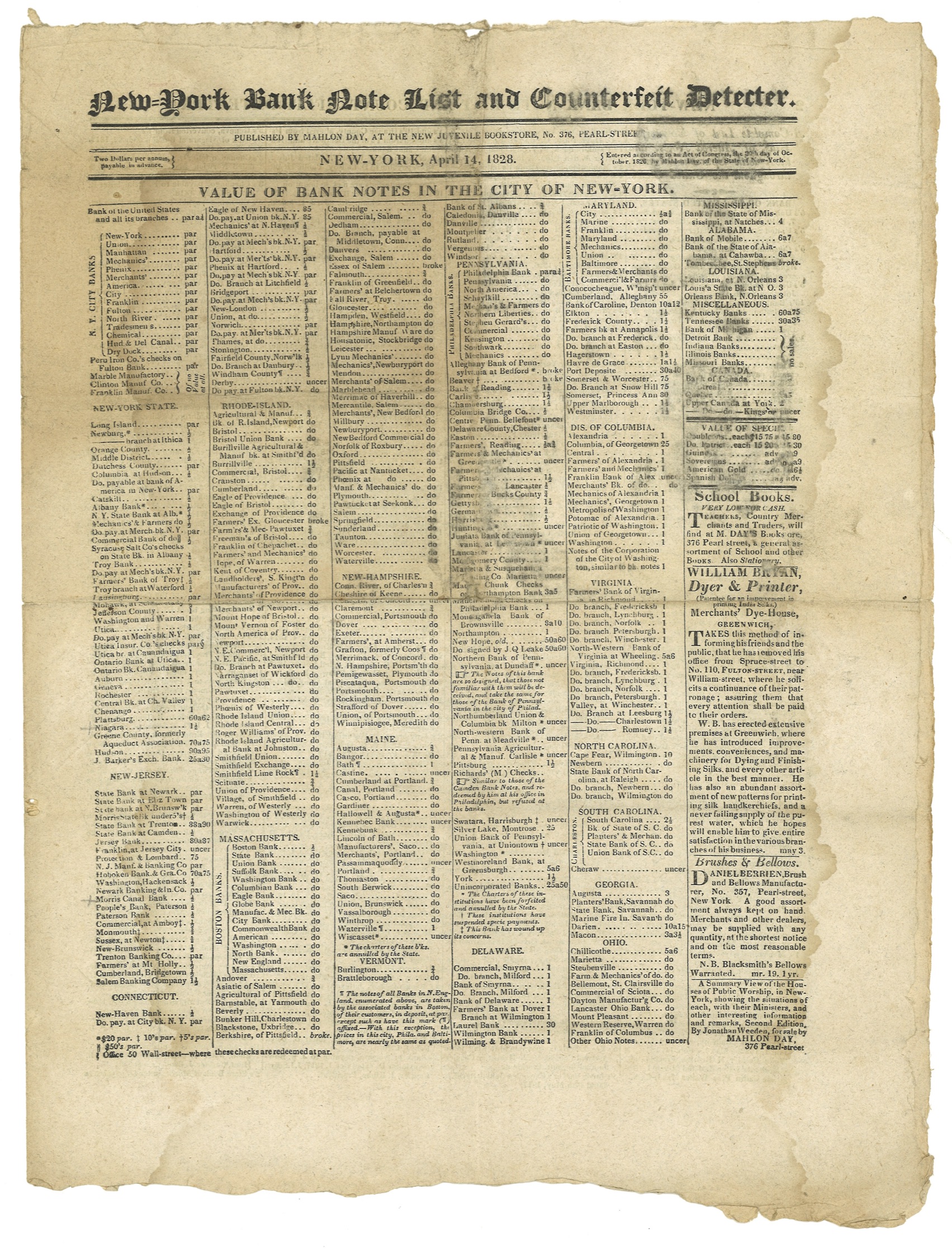 Mahlon Day's Originary Counterfeit Detecter, 1828