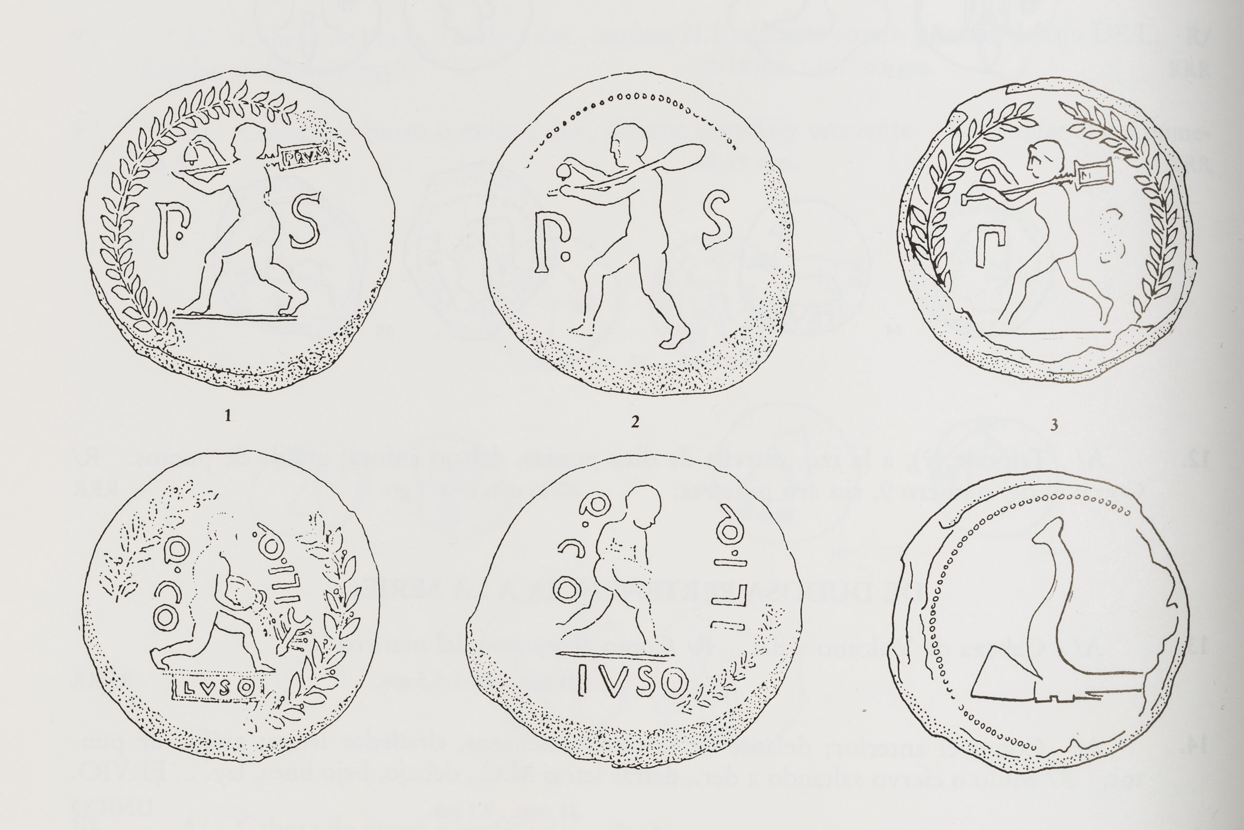 Fig. 3: Tokens from the series de las minas with P · S and man with the “shovel.” Casariego 1987, p. 26, nos. 1–3.