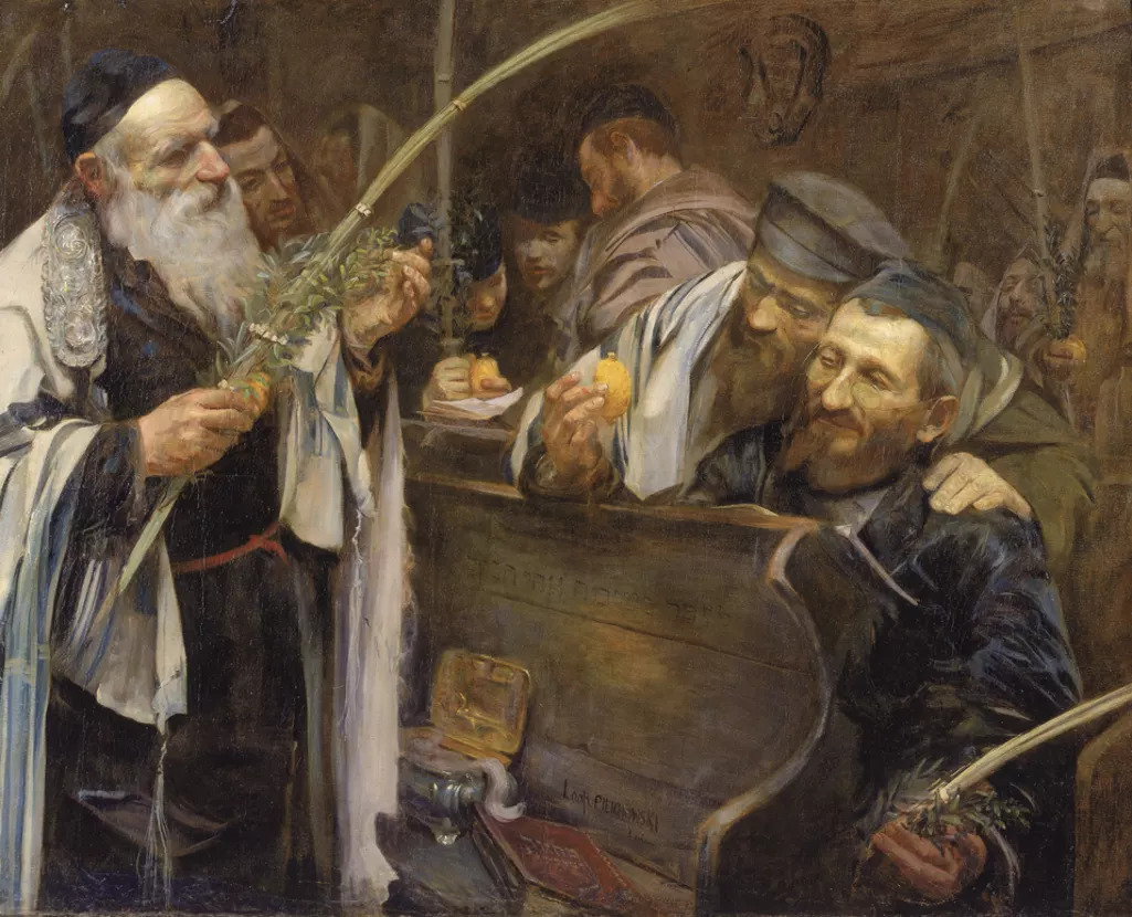 A painting of men looking at a lemon and other herbs.