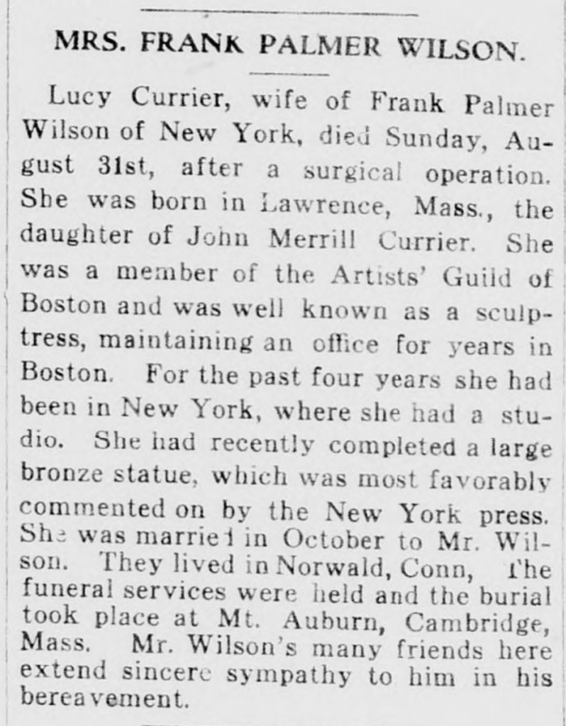 Figure 3. Obituary of Lucy Currier Richards-Wilson, as published in The Republican Journal of Belfast, Maine, on September 11, 1919.