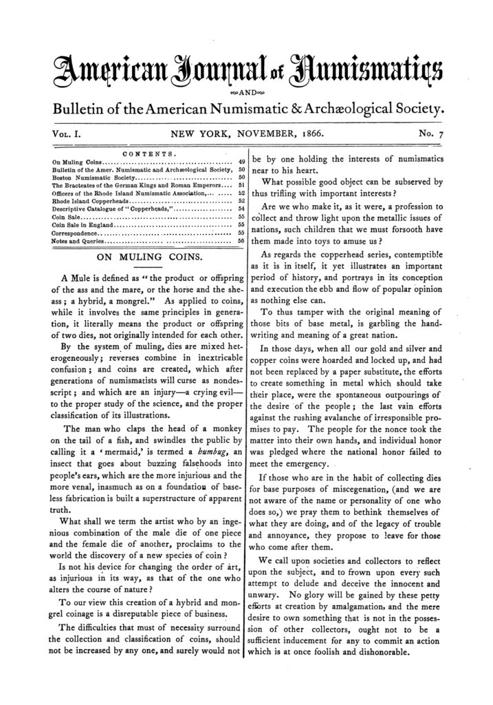 Figure 5. Vol. I, No. 2 of the American Journal of Numismatics (June 1866).