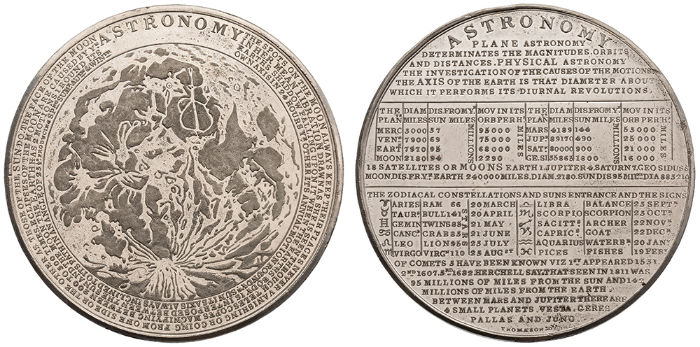 Figures 14–19. Thomason scientific series medals covering astronomy, chemistry, electricity, metallurgy, optics, and phrenology. This image: ANS 1947.121.2.