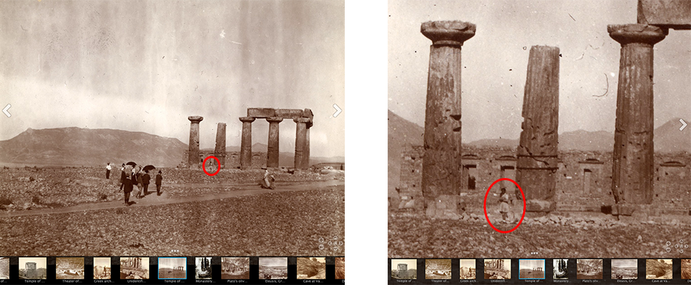 Original and zoomed photo by Agnes Baldwin Brett of the Temple of Apollo in Ancient Corinth.