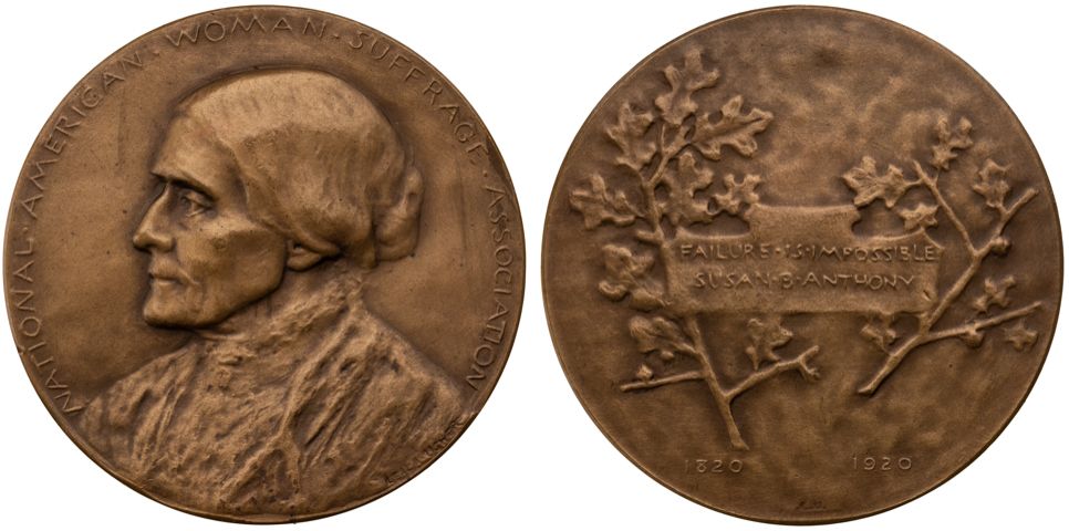 Figure 3: Bronze Susan B. Anthony medal of 1920 designed by Leila Woodman Usher, issued by the National Women’s Suffrage Association, and struck by the Medallic Art Co. (ANS 1985.81.13, https://numismatics.org/collection/1985.81.13)