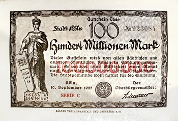 Figure 5. Hyperinflationary paper 100,000,000-Mark Notgeld of Cologne, 1923. ANS 1993.35.709.