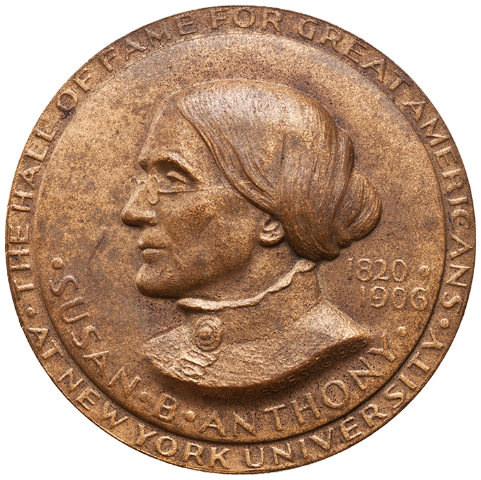 United States. Susan B. Anthony (1820–1906). Commemorative Bronze Medal. The Hall of Fame for Great Americans at the New York University, by Paul Fjelde. 1962. (ANS 2001.11.13, gift of Donald Oresman)