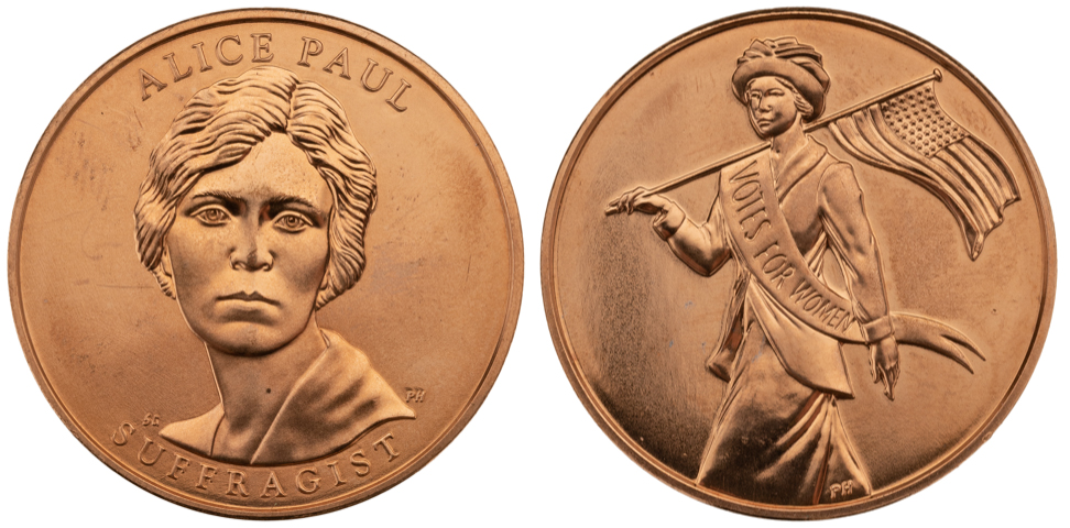 Figure 4: Bronze Alice Paul medal of 2012 designed by Susan Gamble and sculpted by Phebe Hemphill, struck by the United State Mint. (ANS 2013.53.8, https://numismatics.org/collection/2013.53.8)
